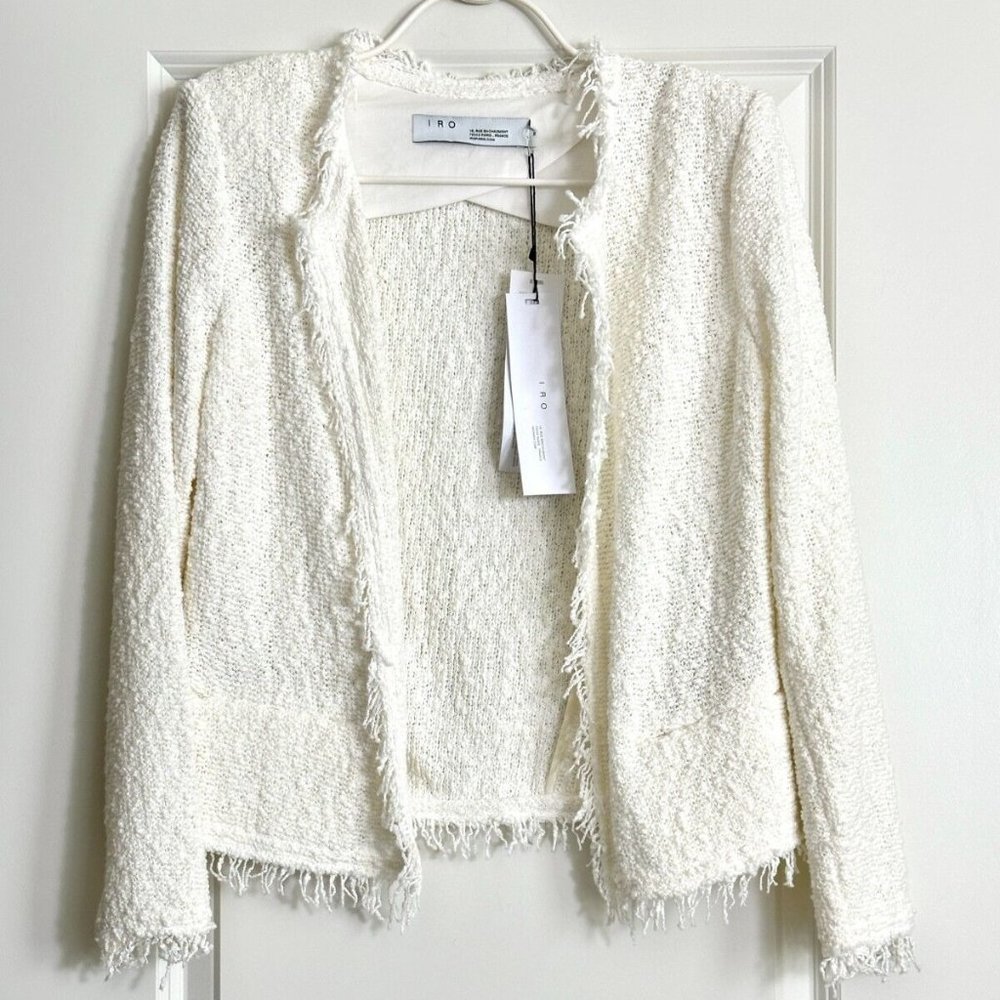 NWT IRO Shavani White Tweed Frayed Open Front Jacket Size 38 (US 6)